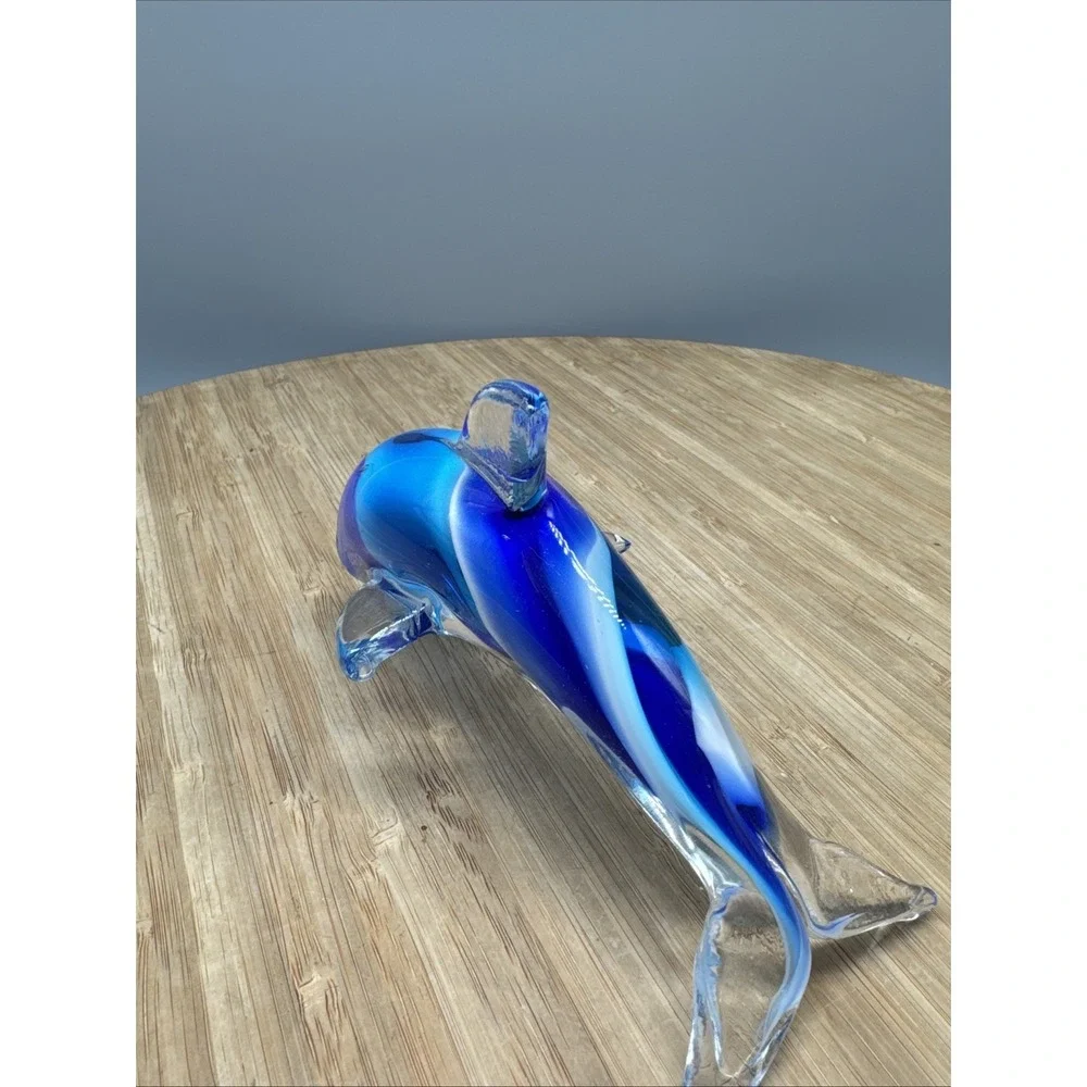 Hand Blown Art Glass Aqua-Blue Swirl Jumping Dolphin Figurine Paperweight 6 inch